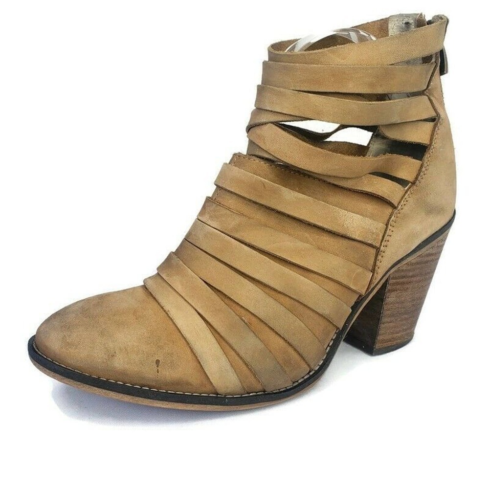 Free People  Tan Leather Hybrid Ankle Distressed Strappy Booties